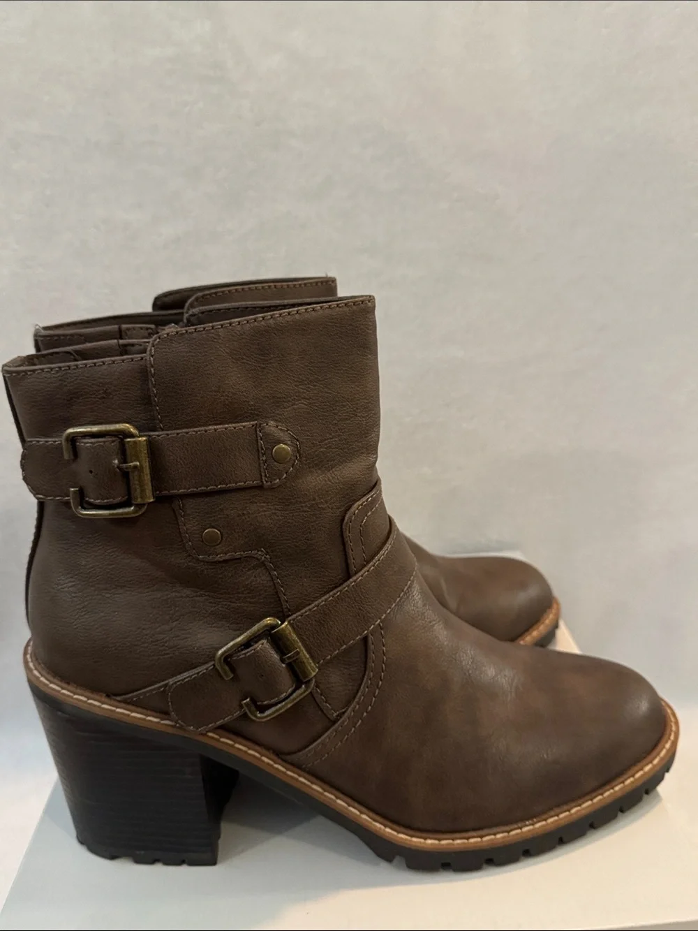 Sun + Stone Dark Taupe Leather Buckle Ankle Boots